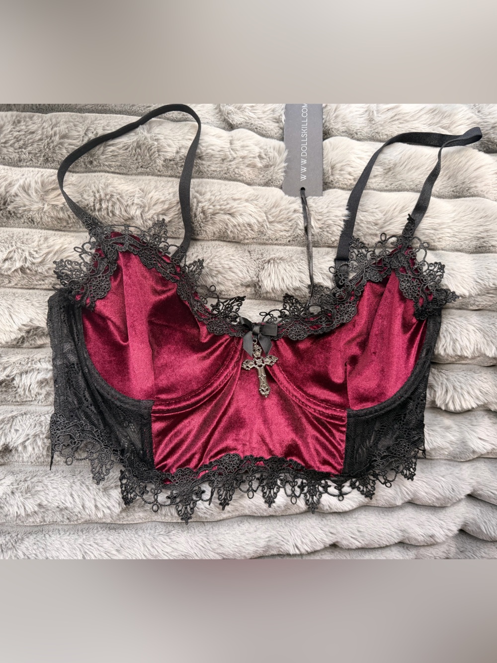 Widow Burgundy Velvet Bralette with Black Lace Trim